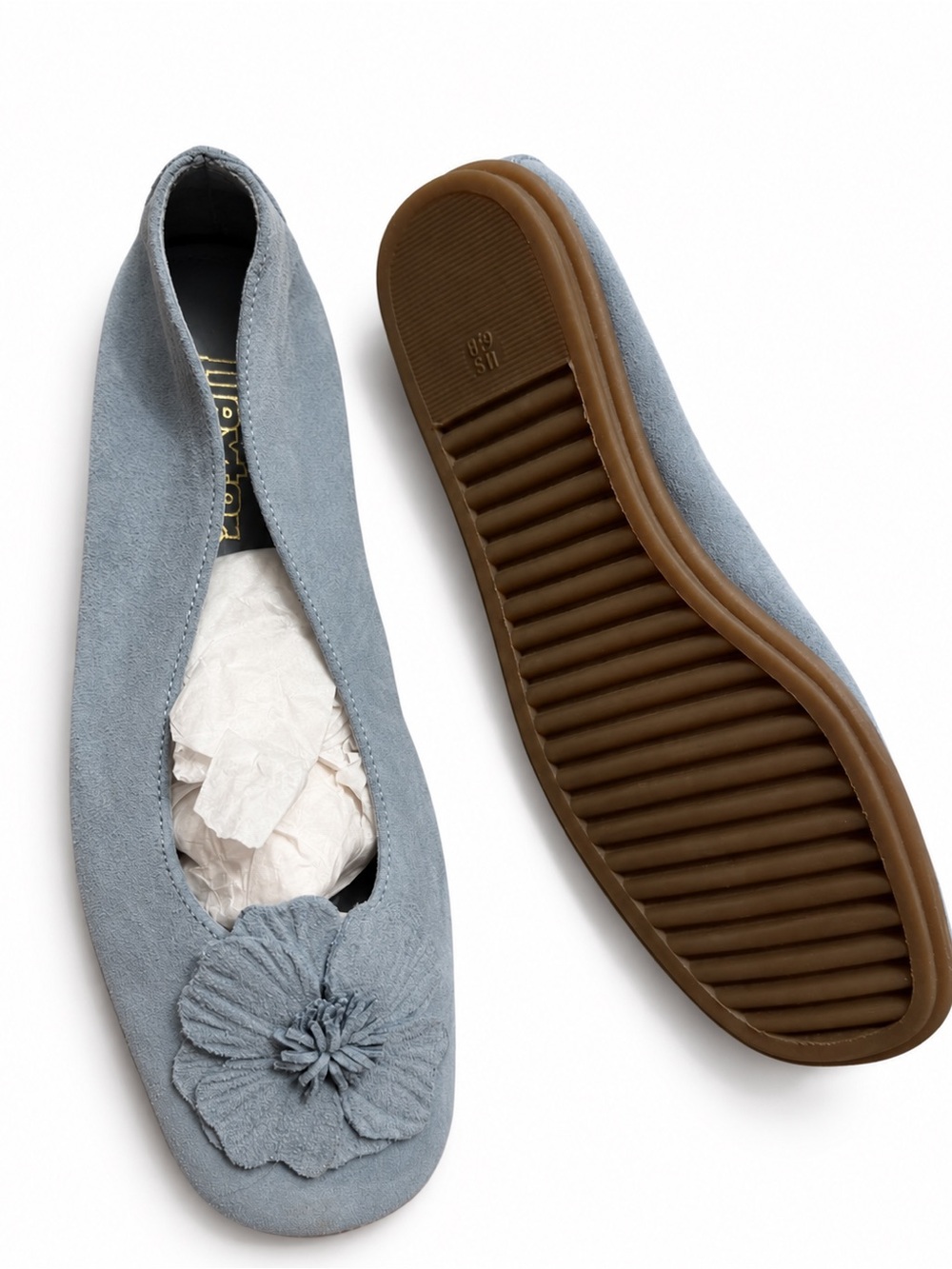 Dexter Light Blue Suede Ballet Flat with Flower Accent